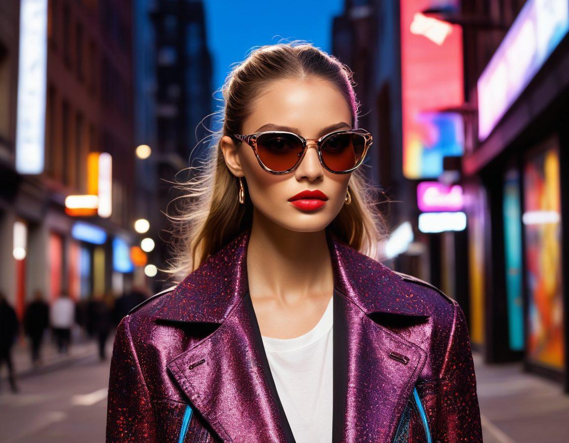 A stylish model showcasing a pair of Cazal fashion frames while walking down a runway, surrounded by vibrant spotlights. The scene transitions to the model in a chic urban environment, highlighting the versatility of the frames in everyday life. Incorporate elements of high fashion and street style with a diverse group of admirers in the background. The overall mood is aspirational and trendy. super-realistic. vibrant colors. fashion photography.