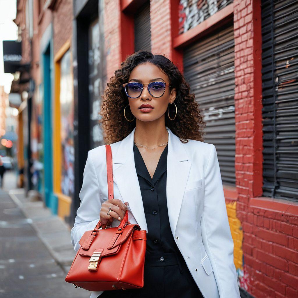 A stylish individual showcasing the latest Cazal eyewear trends, set against a vibrant urban backdrop. The focus is on the unique and bold designs of the glasses, with reflections of city life and fashion elements in the lenses. Include accessories like fashionable bags and chic clothing to enhance the style aesthetic. Capture a moment of confidence and modern elegance. super-realistic. vibrant colors. urban fashion.
